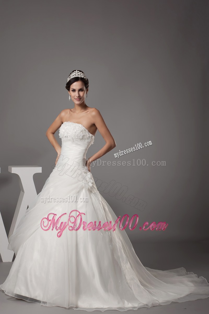 Ruche and Handle Flowers Brush Train Bridal Dresses with Beaded Flowers Neckline