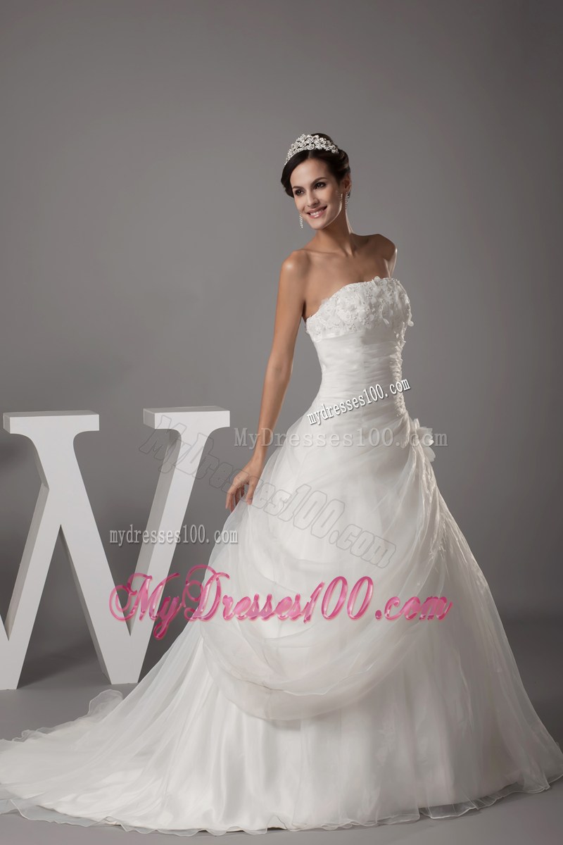 Ruche and Handle Flowers Brush Train Bridal Dresses with Beaded Flowers Neckline