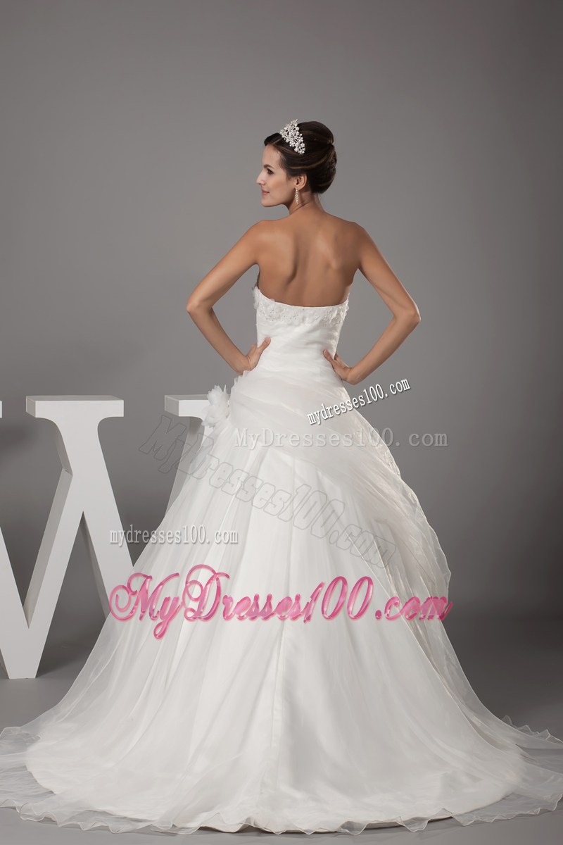 Ruche and Handle Flowers Brush Train Bridal Dresses with Beaded Flowers Neckline