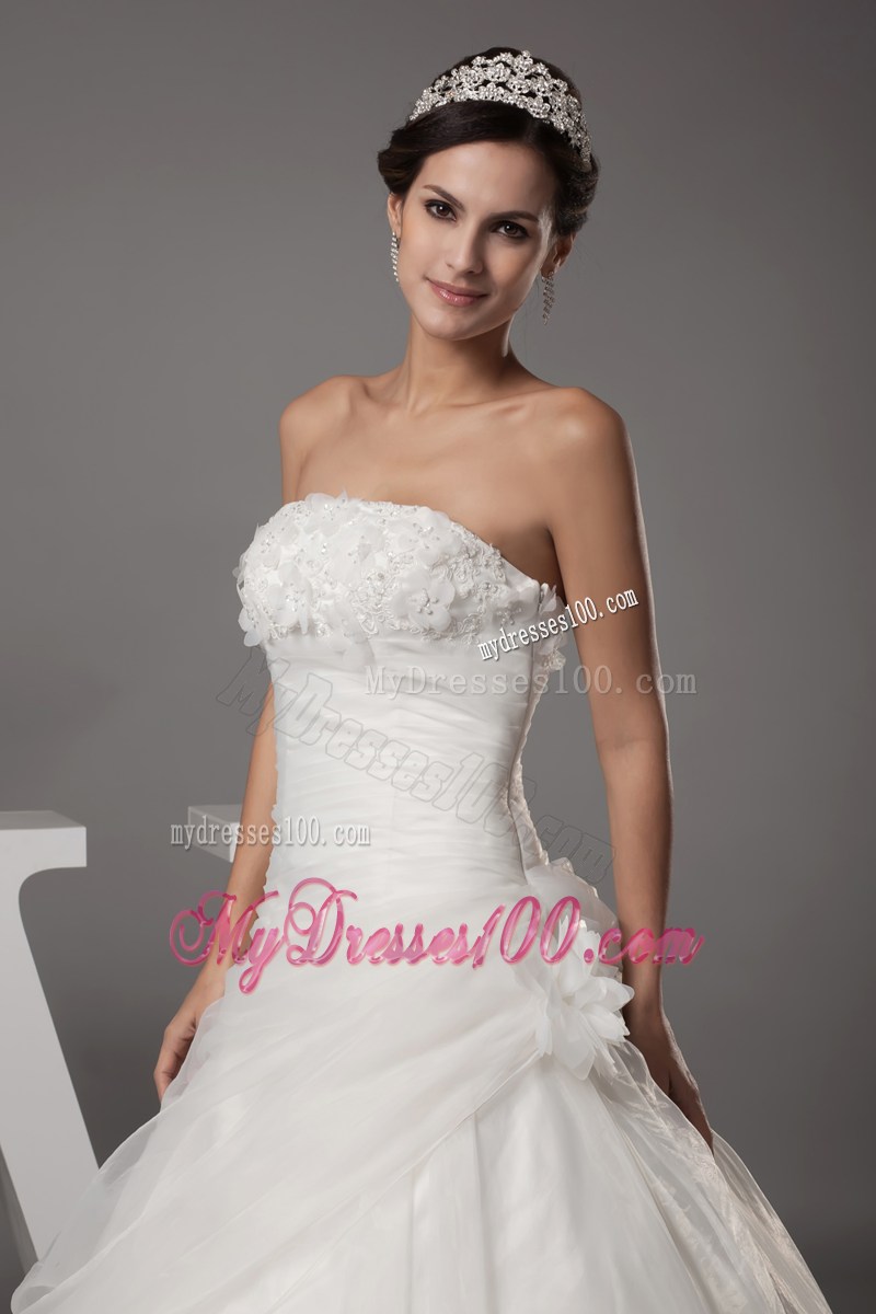 Ruche and Handle Flowers Brush Train Bridal Dresses with Beaded Flowers Neckline