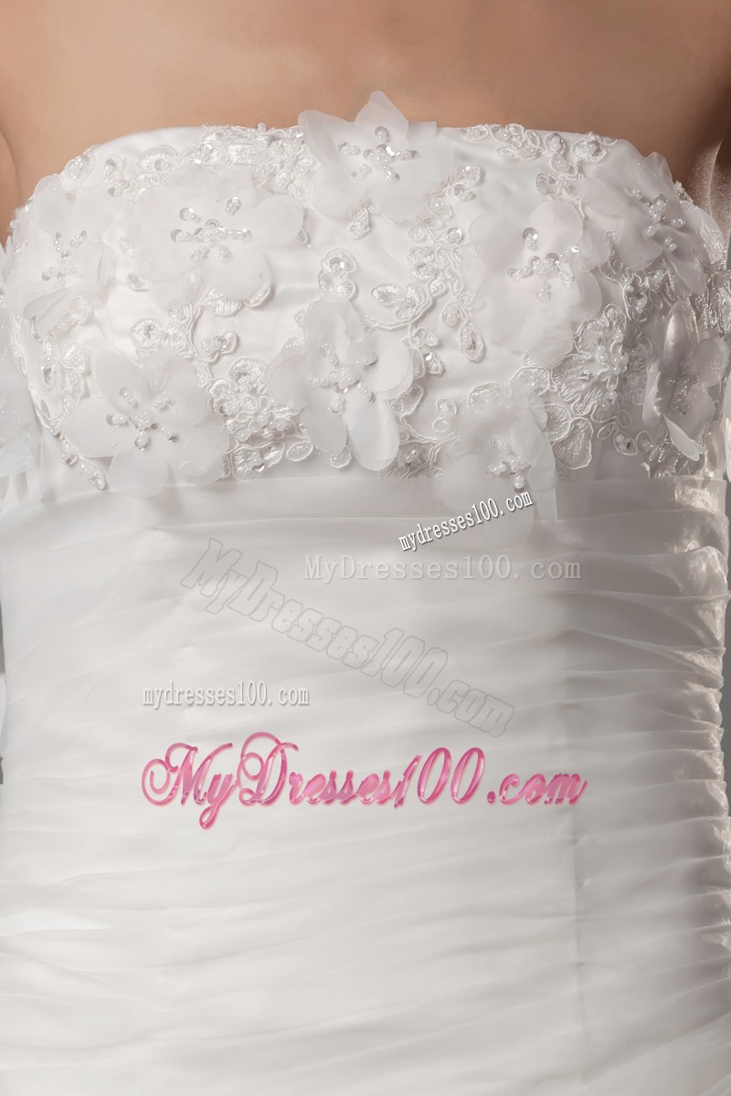 Ruche and Handle Flowers Brush Train Bridal Dresses with Beaded Flowers Neckline