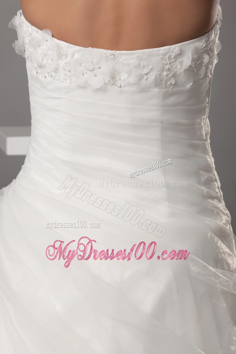 Ruche and Handle Flowers Brush Train Bridal Dresses with Beaded Flowers Neckline
