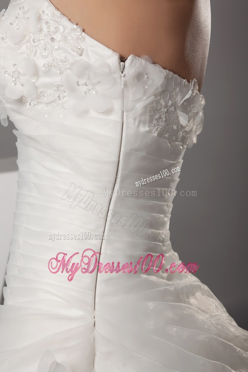 Ruche and Handle Flowers Brush Train Bridal Dresses with Beaded Flowers Neckline