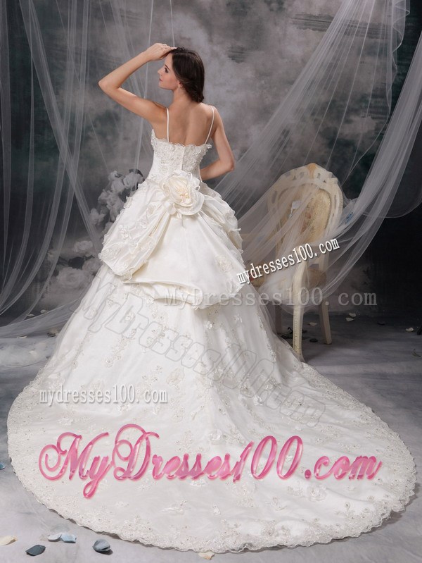Chapel Train Wedding Dresses with Pick-ups Handle Flower and Lace Hemline