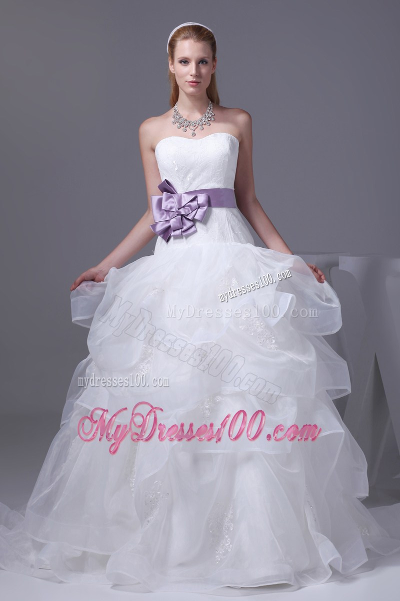 White Ruffles and Appliques Decorated Dresses for Wedding with Purple Flower Sash