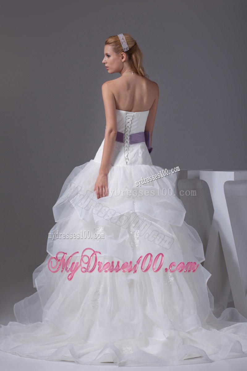White Ruffles and Appliques Decorated Dresses for Wedding with Purple Flower Sash