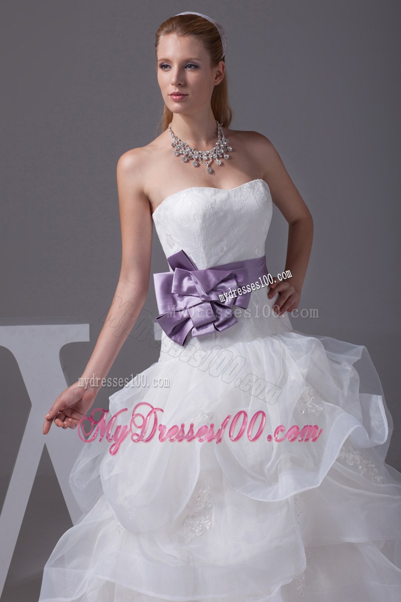 White Ruffles and Appliques Decorated Dresses for Wedding with Purple Flower Sash