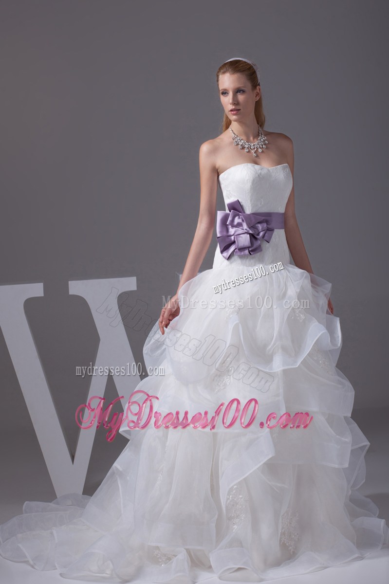 White Ruffles and Appliques Decorated Dresses for Wedding with Purple Flower Sash