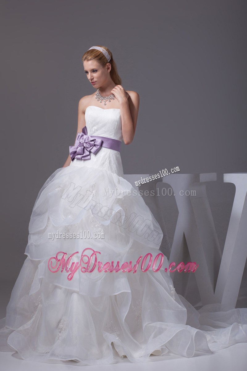 White Ruffles and Appliques Decorated Dresses for Wedding with Purple Flower Sash