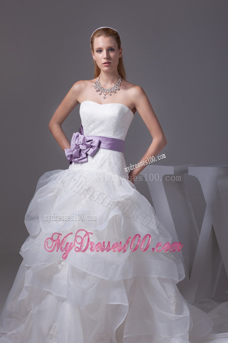 White Ruffles and Appliques Decorated Dresses for Wedding with Purple Flower Sash