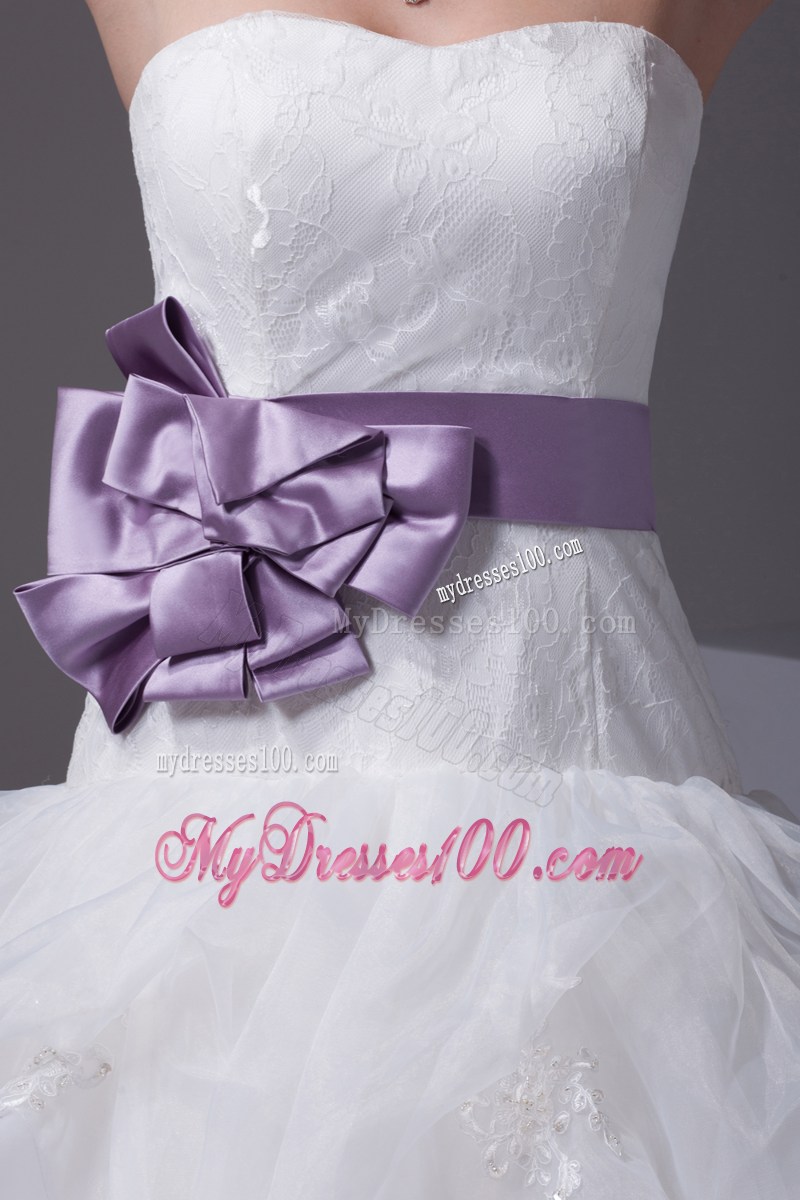 White Ruffles and Appliques Decorated Dresses for Wedding with Purple Flower Sash