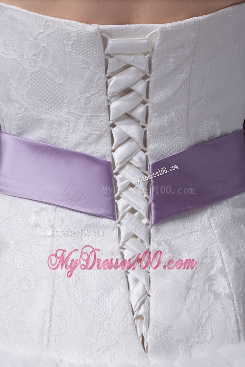 White Ruffles and Appliques Decorated Dresses for Wedding with Purple Flower Sash