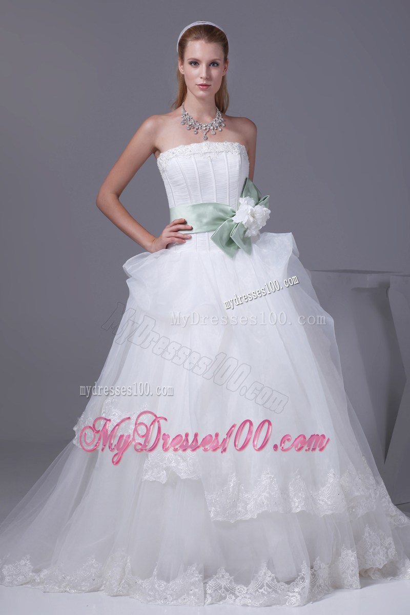 White Dresses for Wedding with Lace Hemline and Green Flowers Bowknot