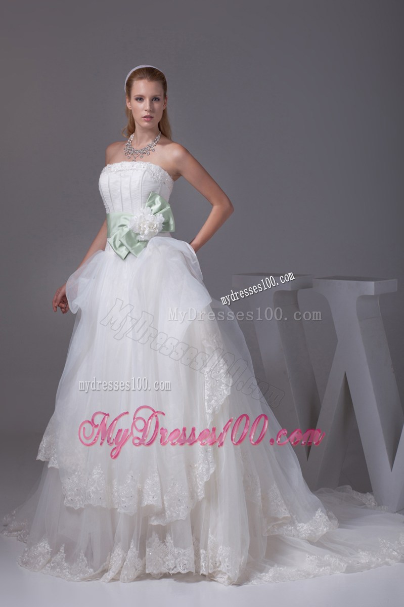 White Dresses for Wedding with Lace Hemline and Green Flowers Bowknot