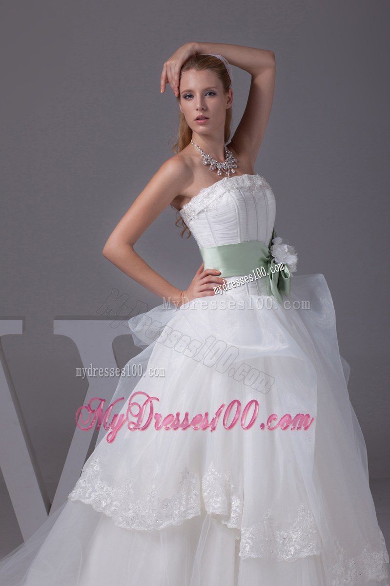White Dresses for Wedding with Lace Hemline and Green Flowers Bowknot