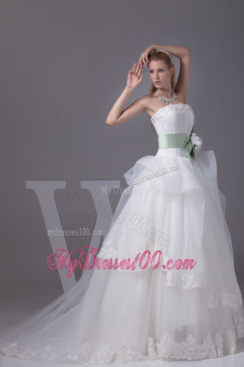 White Dresses for Wedding with Lace Hemline and Green Flowers Bowknot