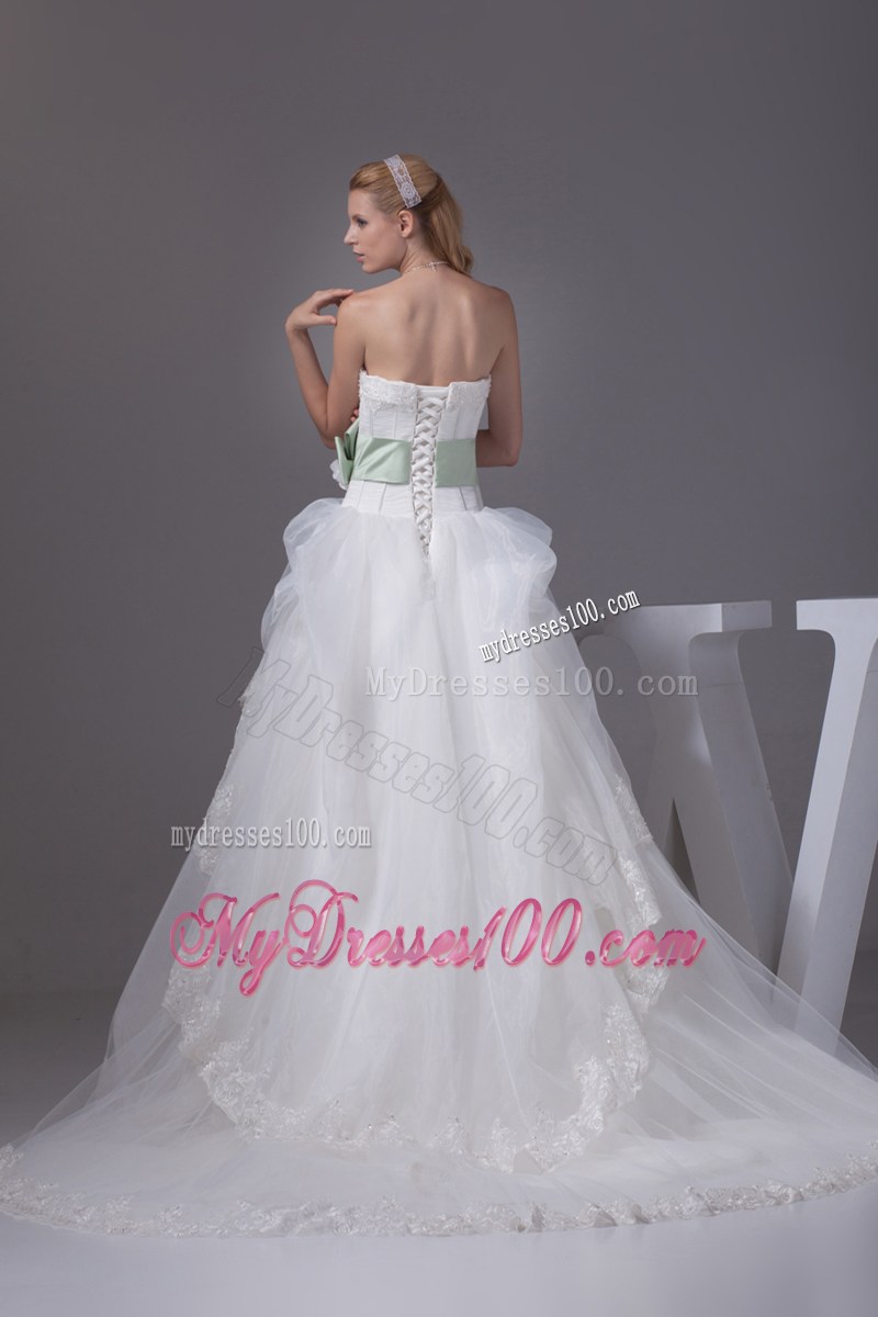 White Dresses for Wedding with Lace Hemline and Green Flowers Bowknot
