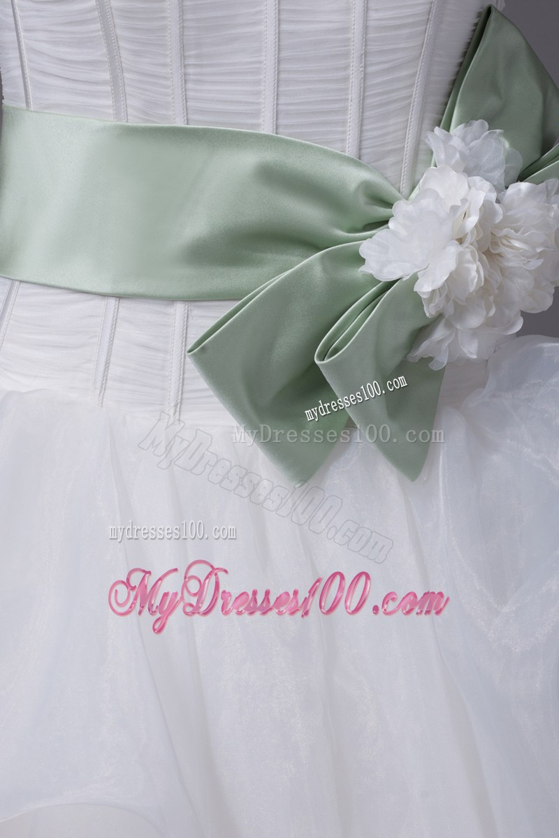 White Dresses for Wedding with Lace Hemline and Green Flowers Bowknot