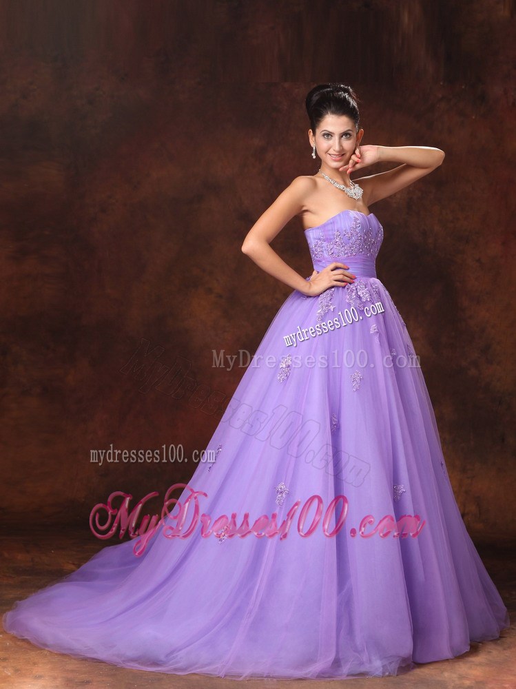 Unique Lilac Strapless Wedding Gown with Appliques Court Train