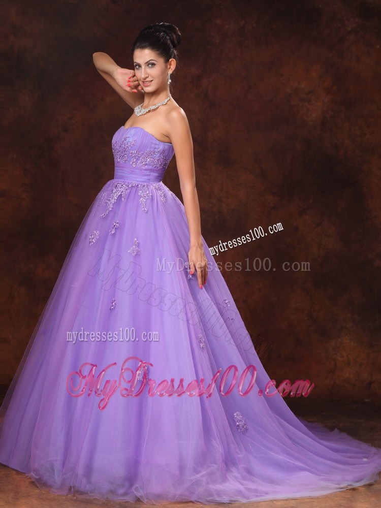 Unique Lilac Strapless Wedding Gown with Appliques Court Train