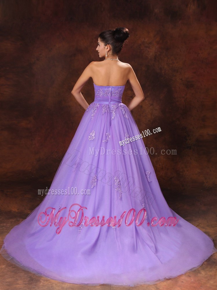 Unique Lilac Strapless Wedding Gown with Appliques Court Train