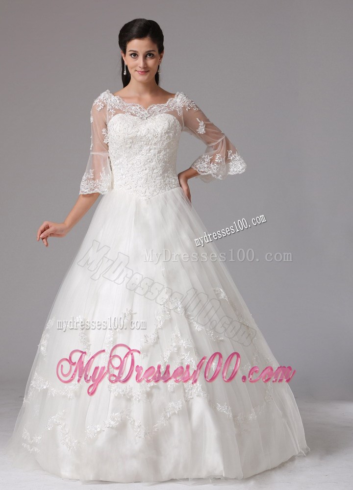 Ivory A-line V-neck Floor-length Wedding Gown with 1 2 Sleeves