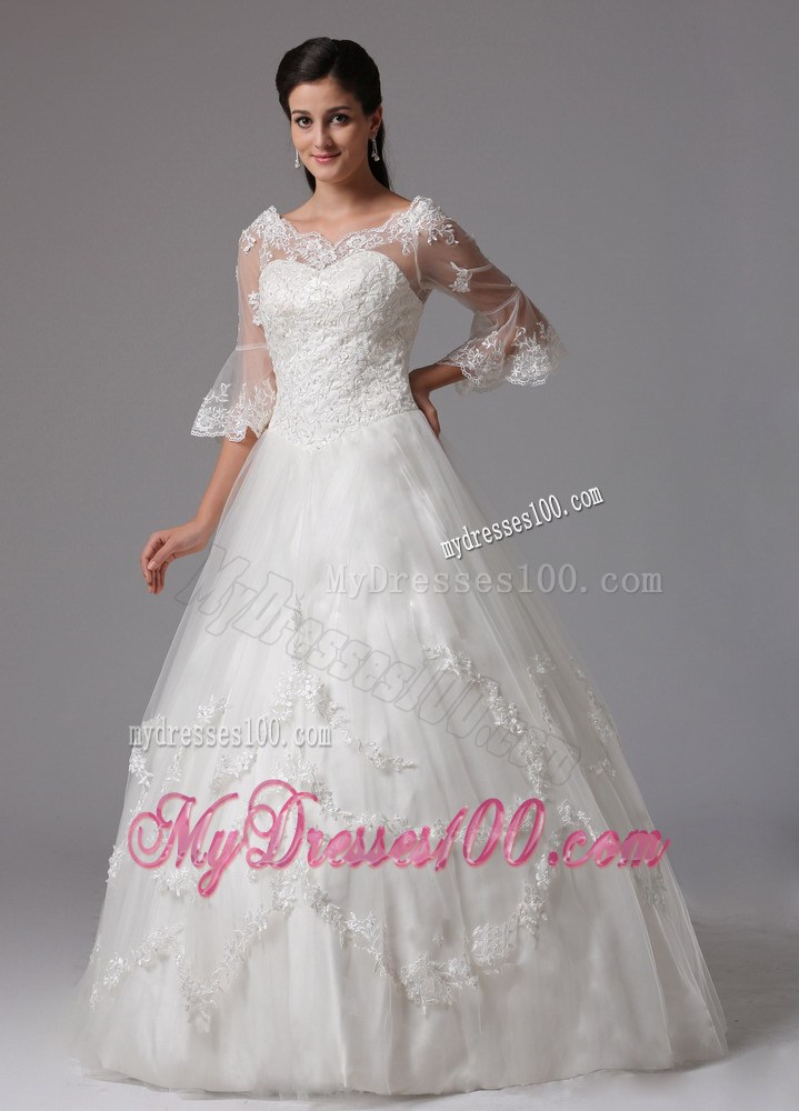 Ivory A-line V-neck Floor-length Wedding Gown with 1 2 Sleeves