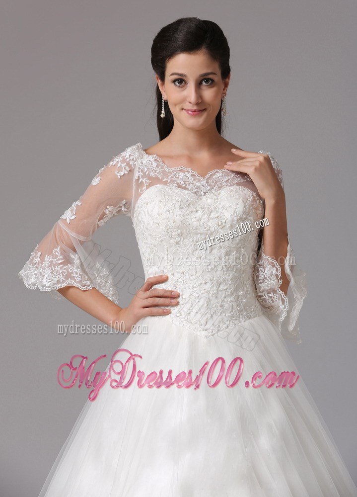 Ivory A-line V-neck Floor-length Wedding Gown with 1 2 Sleeves
