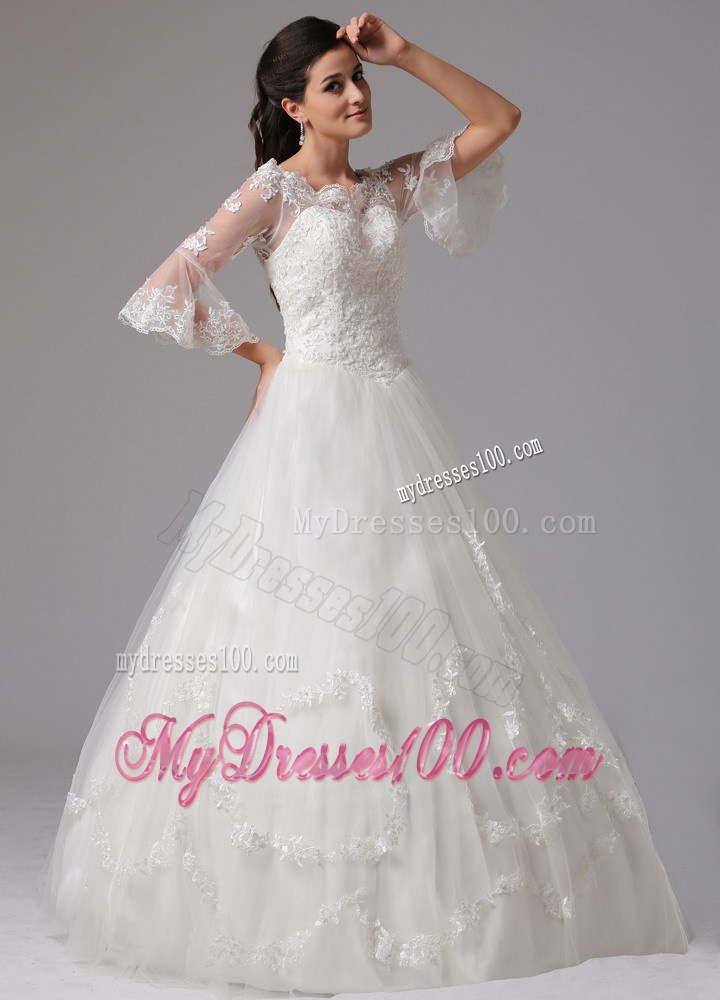 Ivory A-line V-neck Floor-length Wedding Gown with 1 2 Sleeves