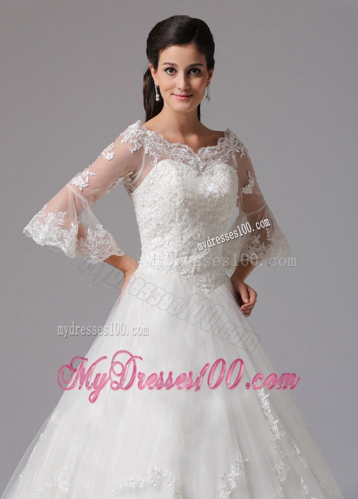 Ivory A-line V-neck Floor-length Wedding Gown with 1 2 Sleeves