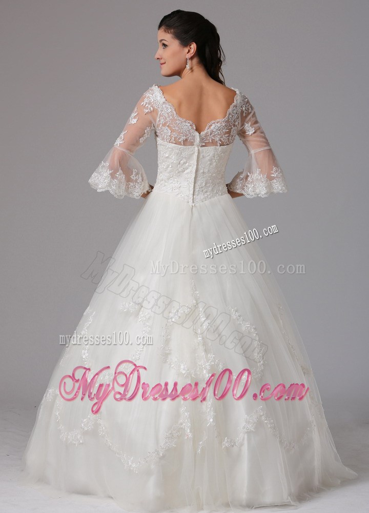 Ivory A-line V-neck Floor-length Wedding Gown with 1 2 Sleeves