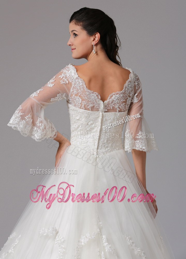 Ivory A-line V-neck Floor-length Wedding Gown with 1 2 Sleeves