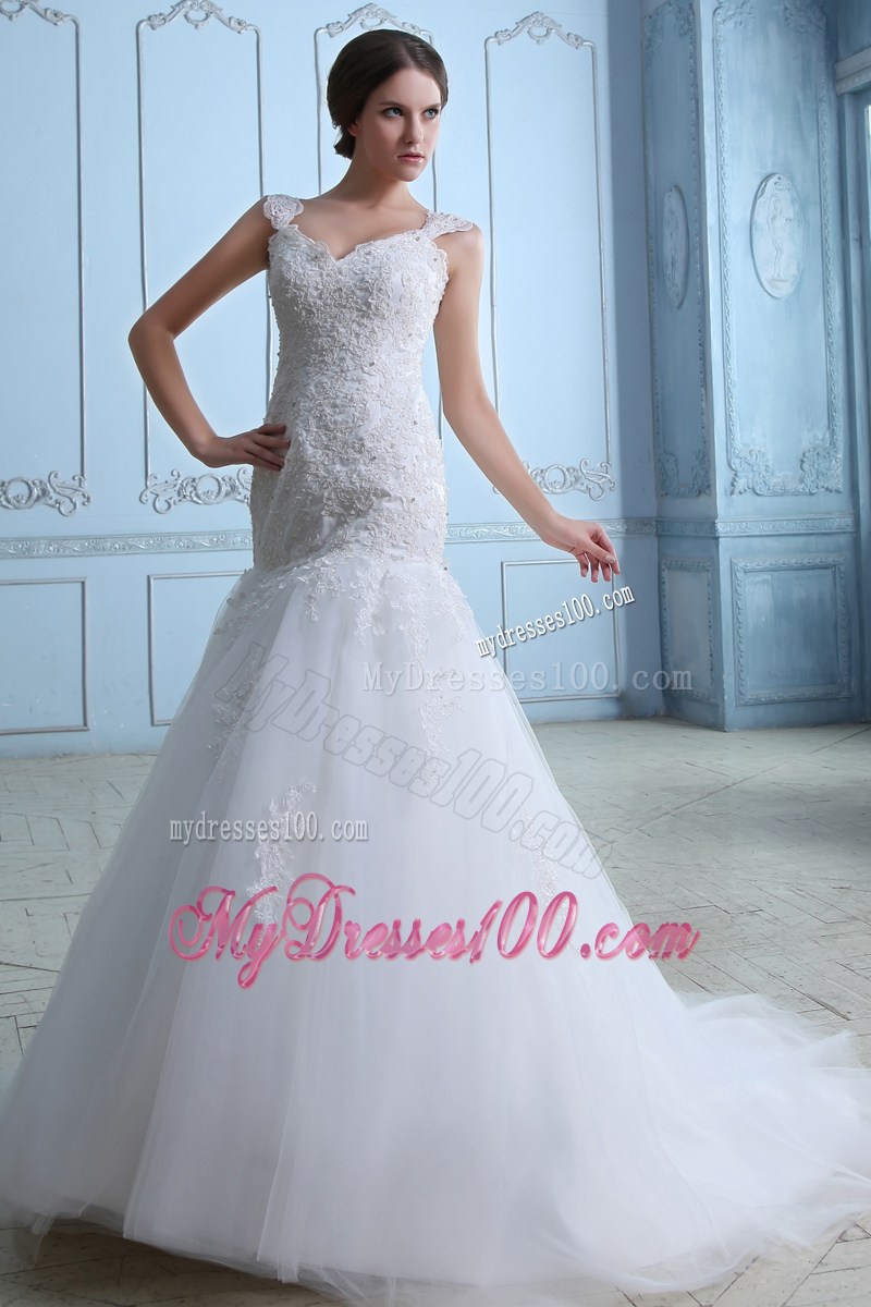 Floral Appliques and Beading Straps Sheath Bridal Gowns with Court Train