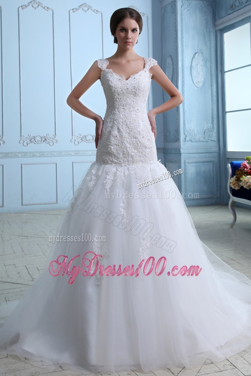 Floral Appliques and Beading Straps Sheath Bridal Gowns with Court Train