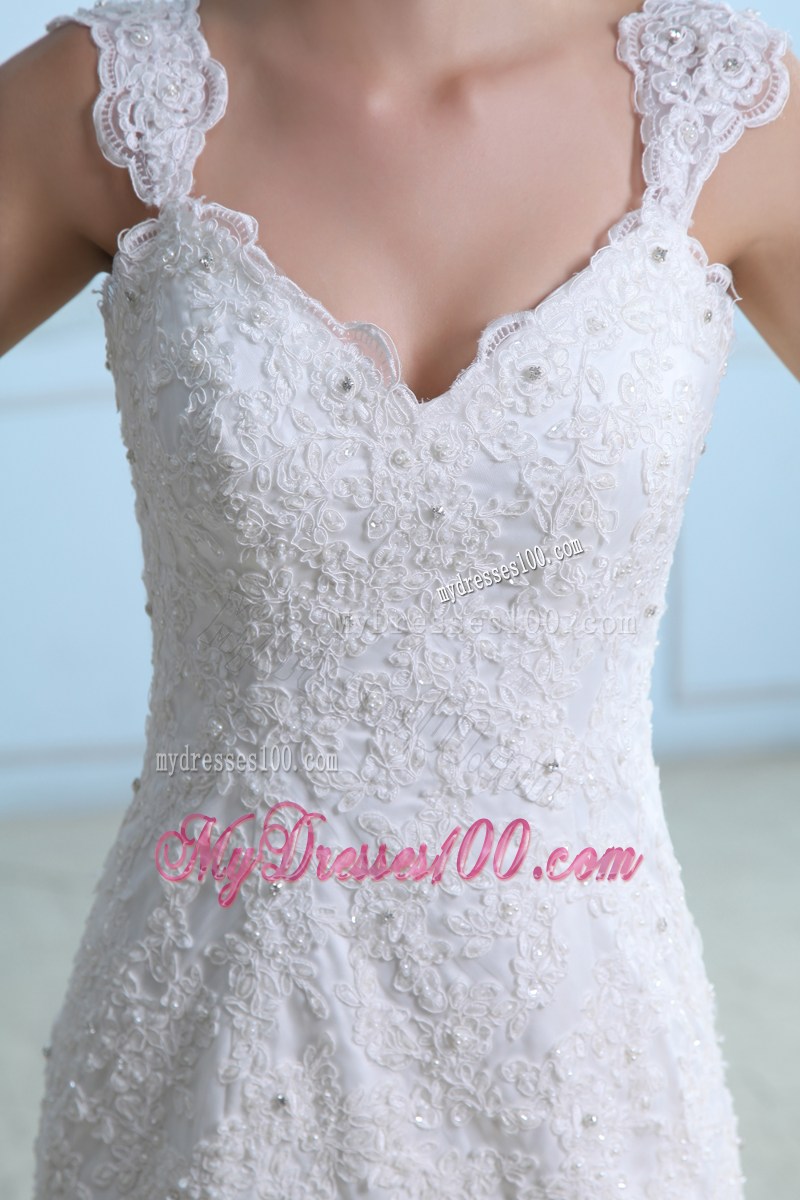 Floral Appliques and Beading Straps Sheath Bridal Gowns with Court Train
