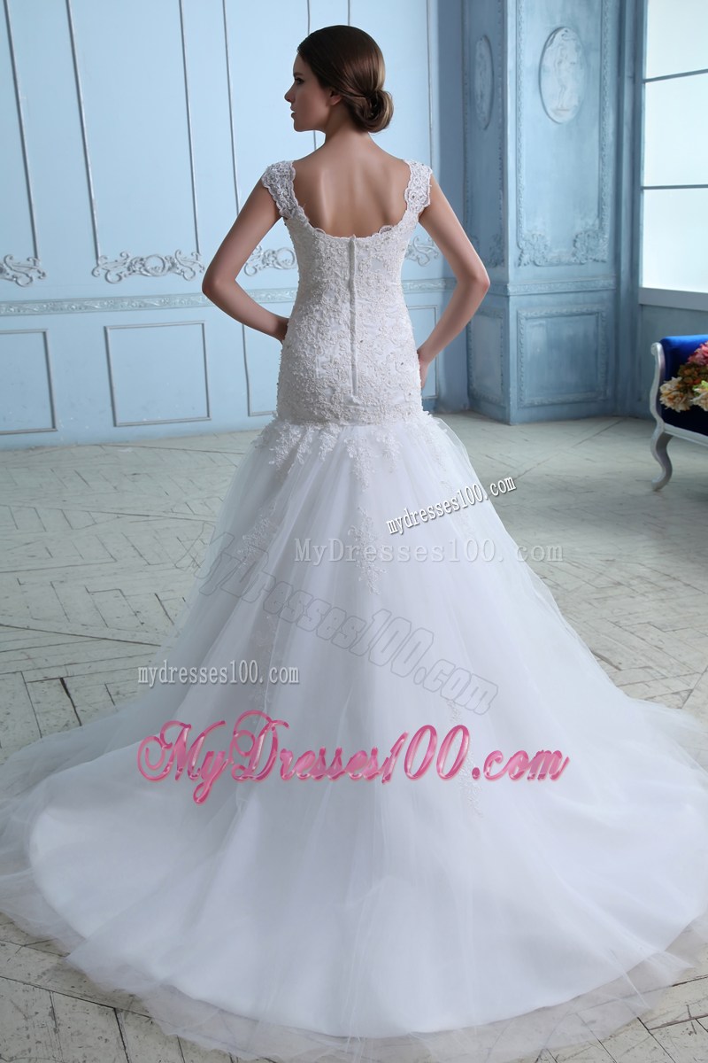 Floral Appliques and Beading Straps Sheath Bridal Gowns with Court Train
