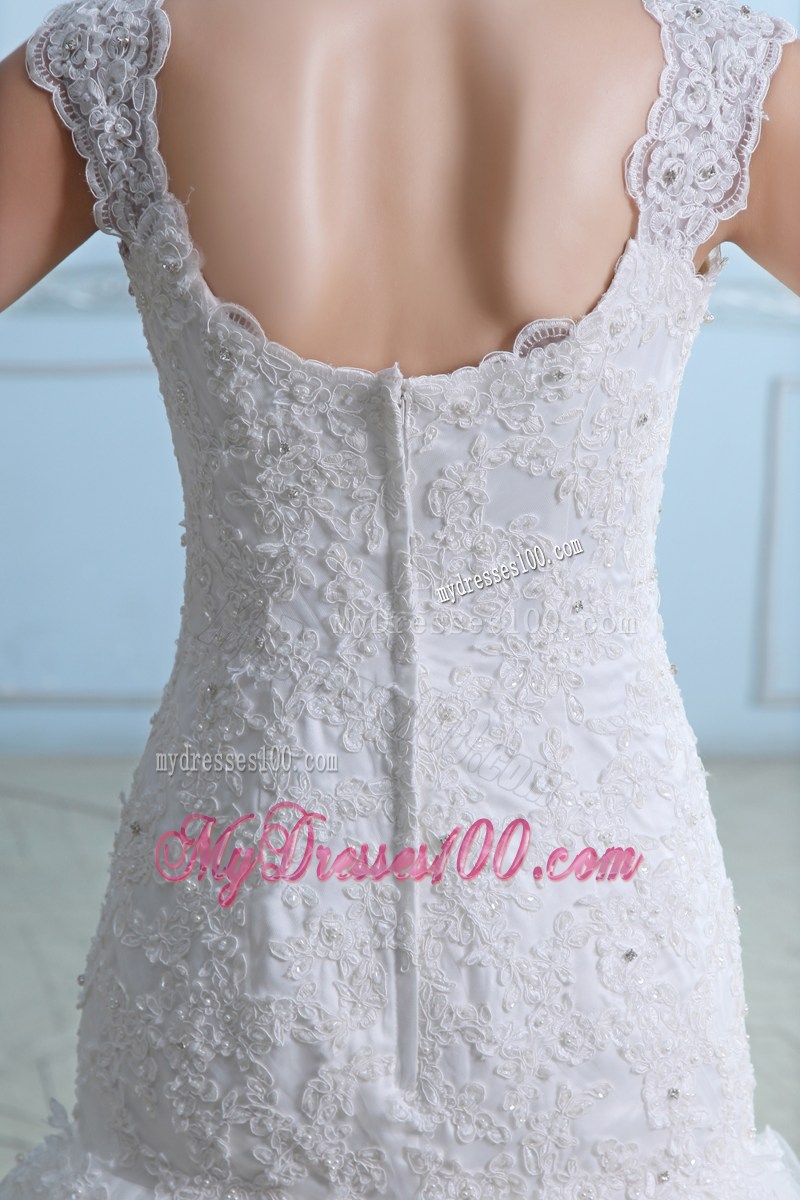 Floral Appliques and Beading Straps Sheath Bridal Gowns with Court Train