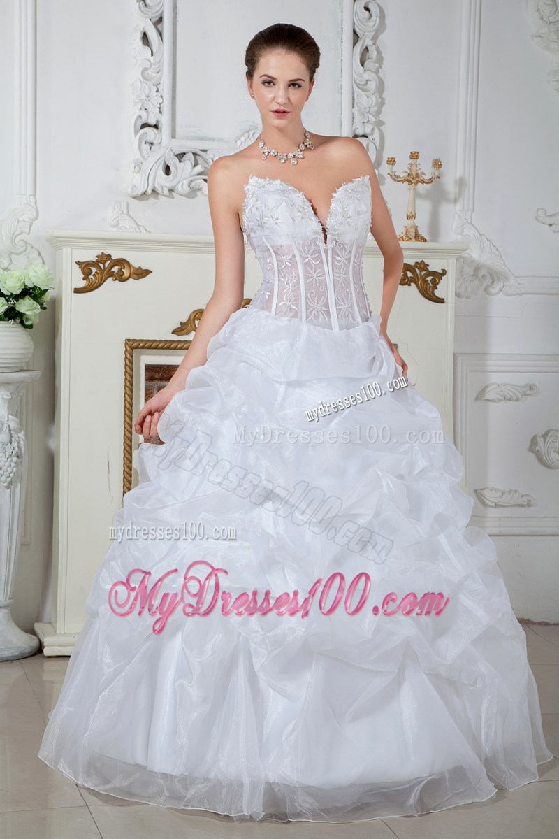 Ivory Floor-length Organza Wedding Dress with Embroidery and Pick-ups