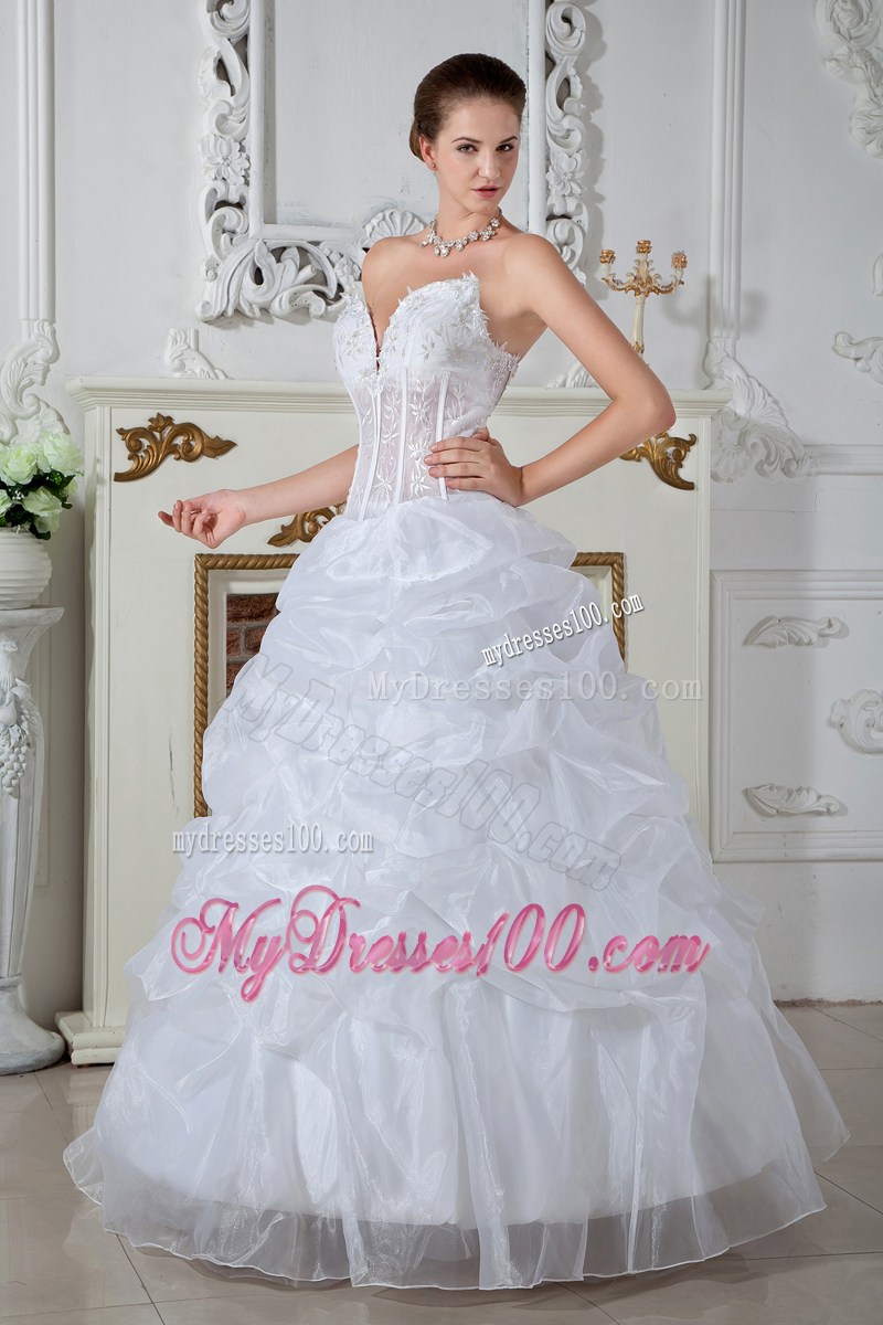 Ivory Floor-length Organza Wedding Dress with Embroidery and Pick-ups
