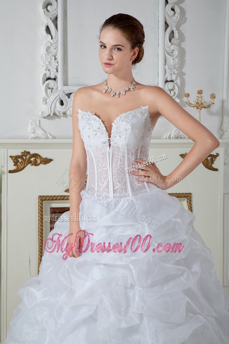 Ivory Floor-length Organza Wedding Dress with Embroidery and Pick-ups