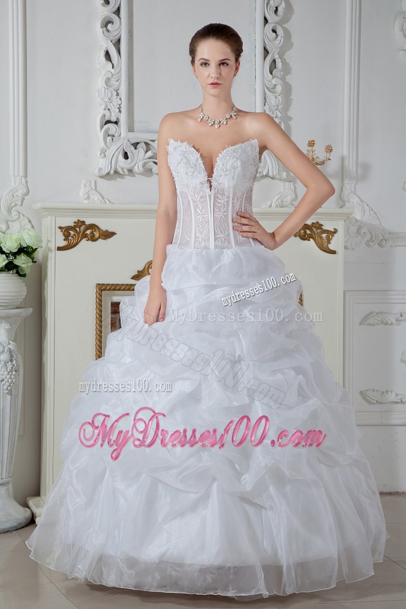 Ivory Floor-length Organza Wedding Dress with Embroidery and Pick-ups