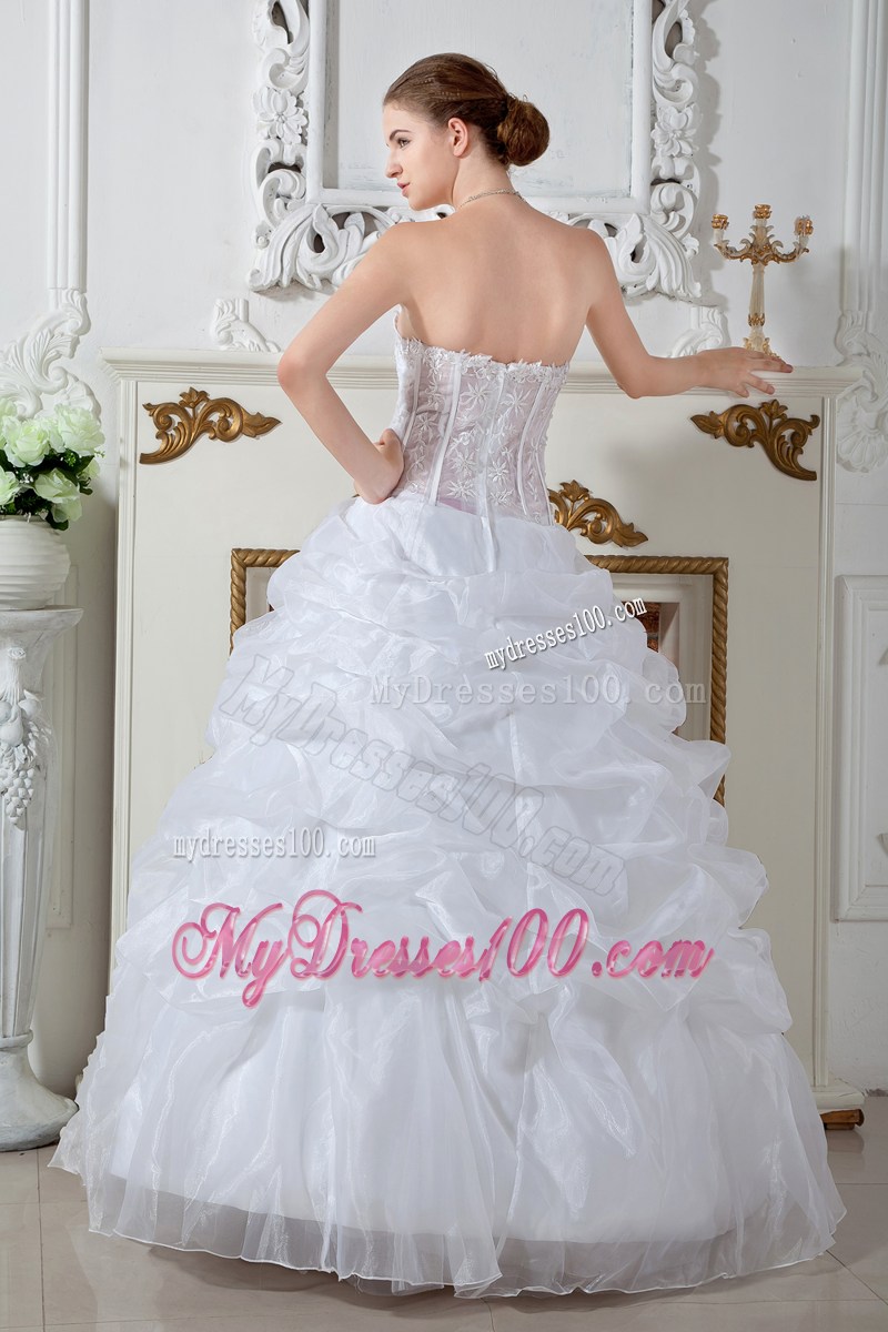 Ivory Floor-length Organza Wedding Dress with Embroidery and Pick-ups