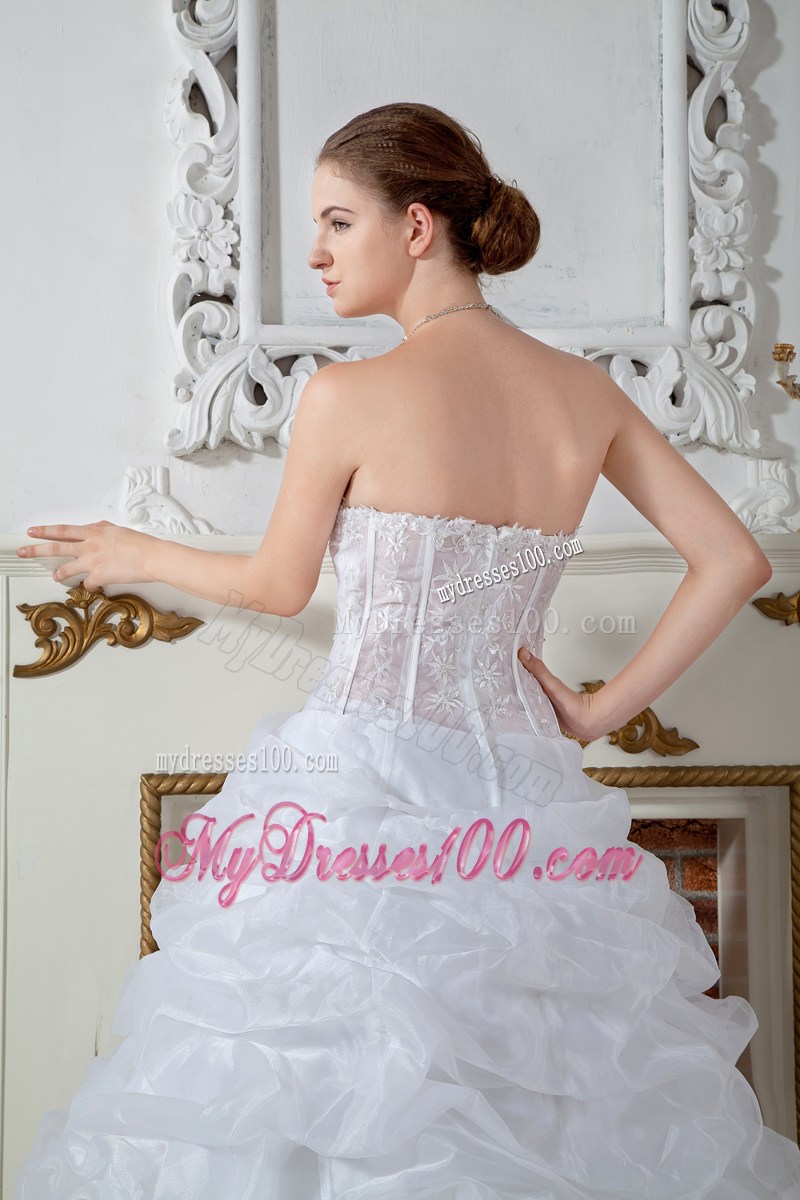 Ivory Floor-length Organza Wedding Dress with Embroidery and Pick-ups