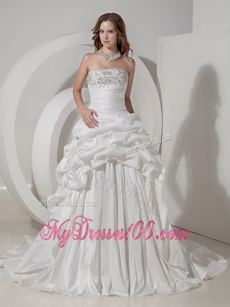 Beading and Pick-ups Accent Chapel Train Wedding Dress Sleeveless