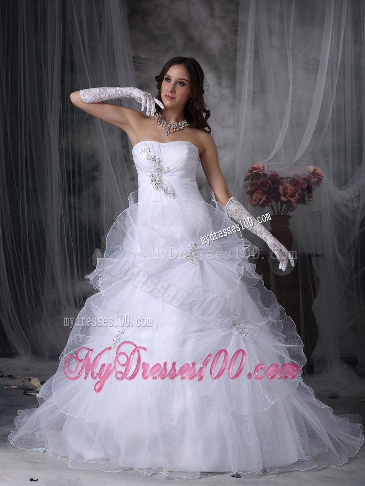 A-line Handmade Flowers Appliques White Bridal Gown Court Train