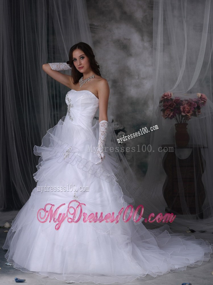 A-line Handmade Flowers Appliques White Bridal Gown Court Train