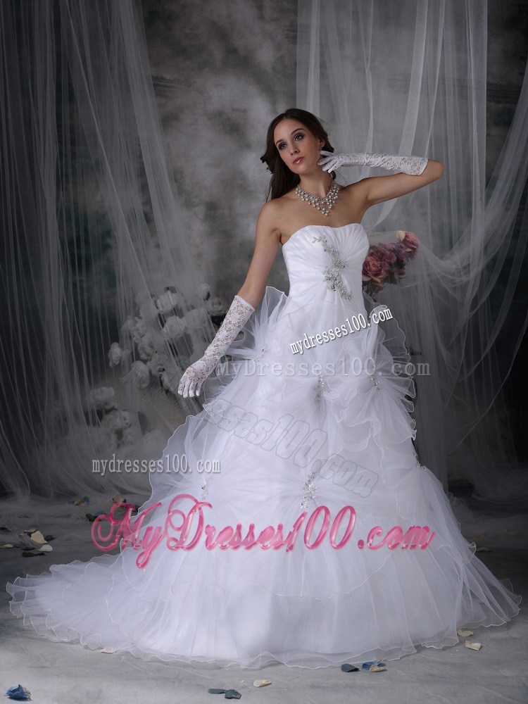 A-line Handmade Flowers Appliques White Bridal Gown Court Train