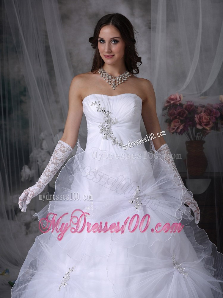 A-line Handmade Flowers Appliques White Bridal Gown Court Train