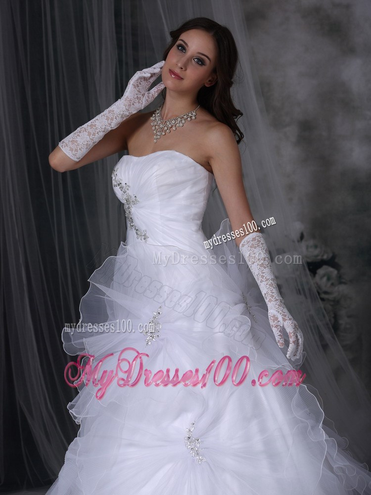 A-line Handmade Flowers Appliques White Bridal Gown Court Train