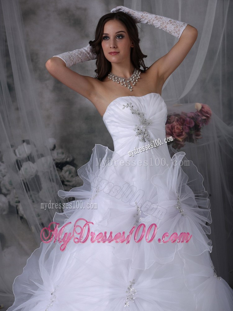 A-line Handmade Flowers Appliques White Bridal Gown Court Train
